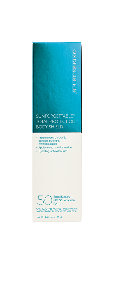 Sunforgettable® Total Protection® Body Shield SPF 50 is designed with EnviroScreen® Technology to provide invisible, 100% mineral protection from environmental aggressors such as UVA/UVB, pollution, blue light, and infrared radiation.