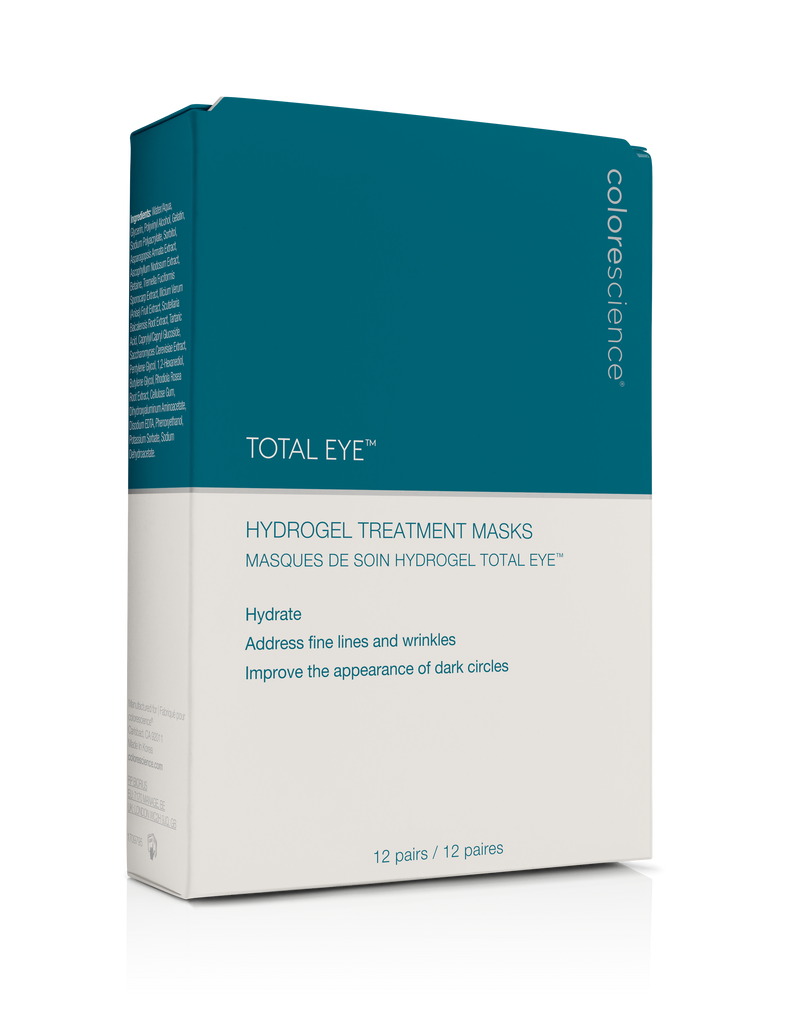 Colorescience Total Eye Hydrogel Treatment Masks Refreshing hydrogel treatment masks give eyes an immediate, visible boost when you need it the most. With specialty ingredients infused into cooling, depuffing hydrogel, these masks work to immediately minimize the appearance of dark circles and puffiness with a boost of hydration.